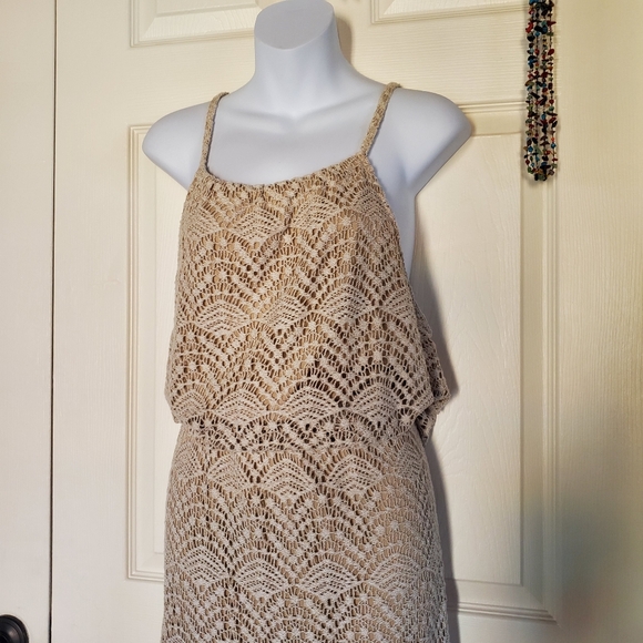 Sharagano Lace Maxi Dress Halter Sleeveless Beachy Summer Bohemian in Bone Sz 14 - Picture 3 of 13